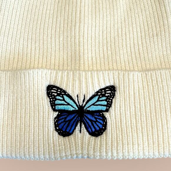 Beanie Knit Cap Winter Hat Unbranded Cuffed Embroidered Butterfly Women OS Cream - Picture 2 of 8